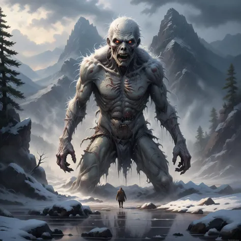 In a chilling and mysterious painting, a desolate winter landscape unfolds. A solitary figure braves the elements, traversing a snowy expanse. The foreground reveals a solitary figure, an unabating cold rain cascading upon his sturdy frame. Defiant against the harshness of the frigid winter, he steadfastly journeys through the icy wilderness. In stark contrast, a group of grotesque zombies shambles just beyond, their eerie presence heightening the tension. The artist masterfully captures both the beauty and the terror in this scene, encapsulating the struggle between life and death in a haunting tableau. <lora:SDXL_Sacred_beast:0.65> BJ_Sacred_beast