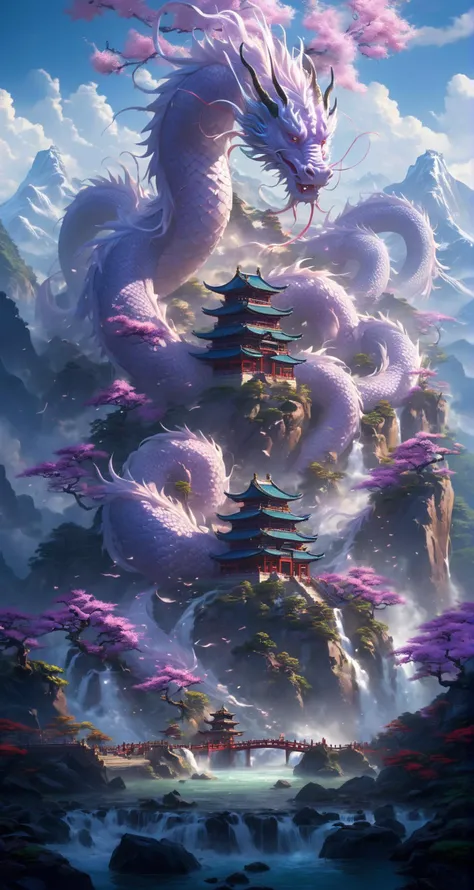 In front of them was a towering mountain,surging purple qi,and surging auspicious light. At a glance,one could tell that it was a rare pure land in the human world. That hill rises like thousands of authentic rules,
Inside the mountain gate,it was extremely holy. On top of the huge mountains,there were jade towers,divine waterfalls falling,immortal light rising,auspicious qi lingering,it was amazing. Those mountains are even more fragrant with holy medicine and colorful,
There was also a huge lake where ancient divine dragons were raised. They were regarded as ornamental fish insects,and they occasionally spat water and electric light,<lora:SDXL_Sacred_beast:0.5>,
