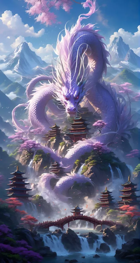 In front of them was a towering mountain,surging purple qi,and surging auspicious light. At a glance,one could tell that it was a rare pure land in the human world. That hill rises like thousands of authentic rules,
Inside the mountain gate,it was extremely holy. On top of the huge mountains,there were jade towers,divine waterfalls falling,immortal light rising,auspicious qi lingering,it was amazing. Those mountains are even more fragrant with holy medicine and colorful,
There was also a huge lake where ancient divine dragons were raised. They were regarded as ornamental fish insects,and they occasionally spat water and electric light,<lora:SDXL_Sacred_beast:0.5>,