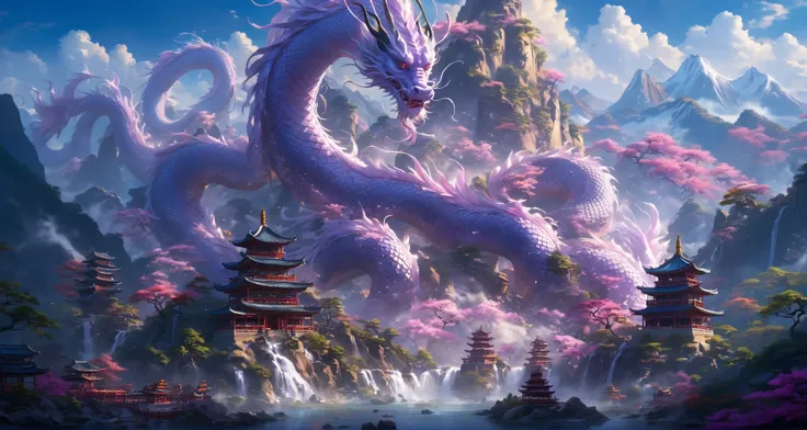 In front of them was a towering mountain,surging purple qi,and surging auspicious light. At a glance,one could tell that it was a rare pure land in the human world. That hill rises like thousands of authentic rules,
Inside the mountain gate,it was extremely holy. On top of the huge mountains,there were jade towers,divine waterfalls falling,immortal light rising,auspicious qi lingering,it was amazing. Those mountains are even more fragrant with holy medicine and colorful,
There was also a huge lake where ancient divine dragons were raised. They were regarded as ornamental fish insects,and they occasionally spat water and electric light,<lora:SDXL_Sacred_beast:0.5>,