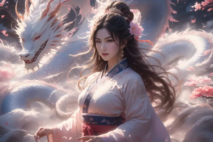 BJ_Sacred_beast, from below, scenery, 1girl, solo, asian girl, standing, looking at viewer, facial mark, forehead mark, blush, long hair, floating hair, brown hair, hair ornament, large breasts, narrow waist, chinese clothes, long sleeves, wide sleeves, see-through sleeves, jewelry, earrings, high detail skin, real skin, glowing hands, aura, illuminating chinese calligraphy, energy flow, giant eastern dragon aura in background, falling petals, wind, blurry background, masterpiece, top quality, best quality, official art, beautiful and aesthetic, (Glowing ambiance, enchanting radiance, luminous lighting, ethereal atmosphere, mesmerizing glow, evocative hues, captivating coloration, dramatic lighting, enchanting aura), ultra realistic, soft colors, <lora:SDXL_Sacred_beast:0.85> <lora:add-detail-xl:0.3>