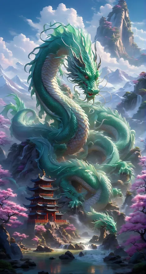 In front of them was a towering mountain,surging purple qi,and surging auspicious light. At a glance,one could tell that it was a rare pure land in the human world. That hill rises like thousands of authentic rules,
Inside the mountain gate,it was extremely holy. On top of the huge mountains,there were jade towers,divine waterfalls falling,immortal light rising,auspicious qi lingering,it was amazing. Those mountains are even more fragrant with holy medicine and colorful,
There was also a huge lake where ancient divine dragons were raised. They were regarded as ornamental fish insects,and they occasionally spat water and electric light,<lora:SDXL_Sacred_beast:0.5>,<lora:jade:0.3>,Emerald Dragon,jade,jade sculpture,