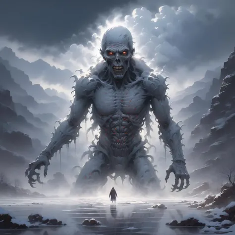 In a chilling and mysterious painting, a desolate winter landscape unfolds. A solitary figure braves the elements, traversing a snowy expanse. The foreground reveals a solitary figure, an unabating cold rain cascading upon his sturdy frame. Defiant against the harshness of the frigid winter, he steadfastly journeys through the icy wilderness. In stark contrast, a group of grotesque zombies shambles just beyond, their eerie presence heightening the tension. The artist masterfully captures both the beauty and the terror in this scene, encapsulating the struggle between life and death in a haunting tableau. <lora:SDXL_Sacred_beast:0.8> BJ_Sacred_beast