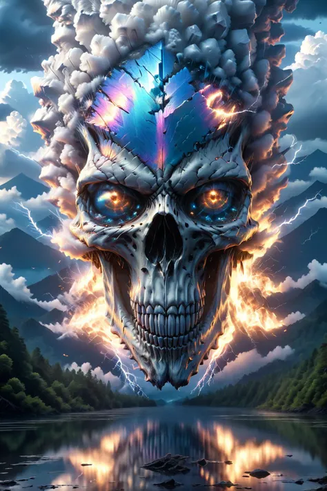 ral-bismut,<lora:ral-bismut:1>,BJ_Sacred_beast,<lora:SDXL_Sacred_beast:0.7>,
Hyperrealistic art,Skull MADE OF bismuth,outdoors,sky,dark forest,cloud,water,blue_sky,no_humans,cloudy_sky,scenery,reflection,monster,fog,Volcanoes,lightning,apocalyptic scenes,metallic eyes,flashing cold eyes,
cinematic lighting,strong contrast,high level of detail,Best quality,masterpiece,White background,. Extremely high-resolution details,photographic,realism pushed to extreme,fine texture,incredibly lifelike,