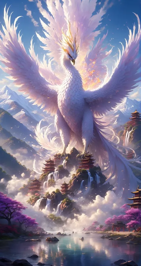 In front of them was a towering mountain,surging purple qi,and surging auspicious light. At a glance,one could tell that it was a rare pure land in the human world. That hill rises like thousands of authentic rules,Two silver phoenixes with white flames,
Inside the mountain gate,it was extremely holy. On top of the huge mountains,there were jade towers,divine waterfalls falling,immortal light rising,auspicious qi lingering,it was amazing. Those mountains are even more fragrant with holy medicine and colorful,
There was also a huge lake,<lora:SDXL_Sacred_beast:0.5>,phoenix,silver phoenix,white fire,