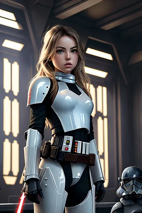 (masterpiece, beat quality, ultra-detailed:1.3), female stormtrooper, sitting in armory locker room, helmet on the floor, Full body, simple Character design