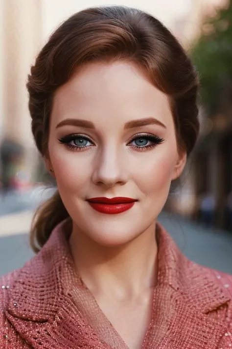 , photo of a woman, , ((outdoors, city)),smiling, (red lipstick, blush), ((best quality, masterpiece, extreme details, high resolution):1.2),((detailed eyes, beautiful eyes, detailed face, beautiful face):1.2) <lora:julieandrews-04:0.5> ,julieandrews, ,