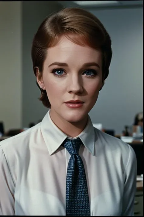 <lora:julieandrews-07:0.5>, julieandrews, , ,photo of a woman, , perfect hair, beautiful perfect skin, ((busy office)), (modern photo, necktie, shirt), 24mm, (analog, cinematic, film grain:1.3), , detailed eyes, (upper body), (looking at viewer), earrings, (eyeliner, eyelashes)