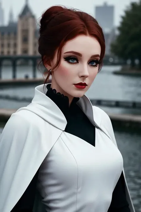 , photo of a woman, ((dark red hair, hair up, hair in bun)), ((outdoors, detailed fantasy city, white bodysuit, white trim, black cape)),serious, ((dark lipstick, heavy eyeliner, heavy eye shadow, blush, goth makeup)), ((best quality, masterpiece, extreme details, high resolution):1.2),((detailed eyes, beautiful eyes, detailed face, beautiful face):1.2) <lora:julieandrews-04:0.5> ,julieandrews, ,