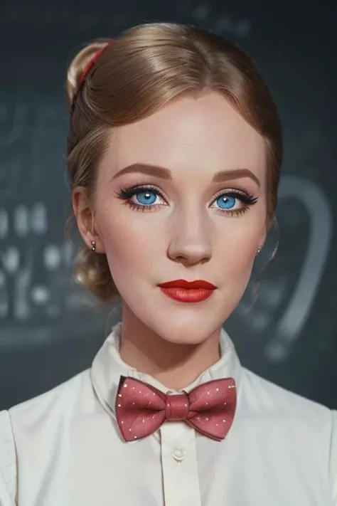 <lora:julieandrews-07:0.5>, julieandrews, ,photo of a woman, ((shirt, ponytail, bowtie):1.1), ((classroom, chalkboard)), ((red lipstick, makeup)), ((best quality, masterpiece, extreme details, high resolution):1.2),((detailed eyes, beautiful eyes, detailed face, beautiful face):1.2)