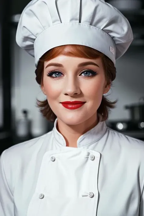 , photo of a woman, , ((chef hat, chef jacket, commercial kitchen)), smiling, (lipstick, blush, eye shadow), ((best quality, masterpiece, extreme details, high resolution):1.2),((detailed eyes, beautiful eyes, detailed face, beautiful face):1.2) <lora:julieandrews-04:0.5> ,julieandrews, ,