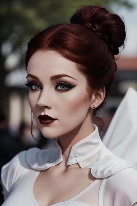 <lora:julieandrews-03:0.5>, , photo of a woman, ((dark red hair, hair up, hair in bun)), ((outdoors, detailed fantasy city, white bodysuit, white trim, black cape)),serious, ((dark lipstick, heavy eyeliner, heavy eye shadow, blush, goth makeup)), ((best quality, masterpiece, extreme details, high resolution):1.2),((detailed eyes, beautiful eyes, detailed face, beautiful face):1.2)