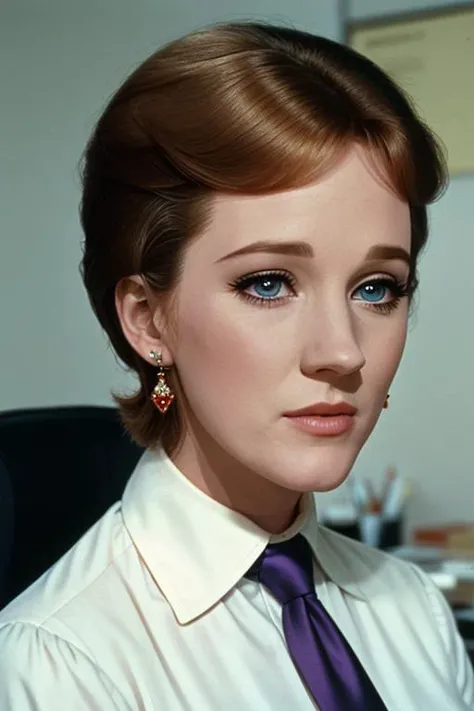 <lora:julieandrews-07:0.5>, julieandrews, , ,photo of a woman, , perfect hair, beautiful perfect skin, ((busy office)), (modern photo, necktie, shirt), 24mm, (analog, cinematic, film grain:1.3), , detailed eyes, (upper body), (looking at viewer), earrings, (eyeliner, eyelashes)