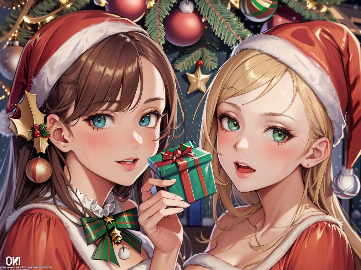 (masterpiece, best quality, ultra-detailed, illustration, painting),
illumination, finely detail, (poster illustration),
(2girls:1.4),
(a High Quality Victorian Era cute girl),
oil painting by (Francois Boucher, (alphonse mucha:0.8), Claude Monet, (Franz Xaver Winterhalter:0.8), (NORMAN ROCKWELL:0.8), (artgerm:0.8)),
(holding a christmas present:1.4),
(merry christmas text logo:1.2),
side swept hair, hair bowtie,
(detailed face, detailed eyes), (detailed hands:1.3), (detailed fingers:1.3),
ornate mansion's foyer, full body shot,
(detailed christmas background:1.2), (looking at viewer), (intricate details), (absurdres),
SHARP, (highres), (HIGH DETAIL:1.2), finely detailed, soft lighting, beautiful detailed glow,