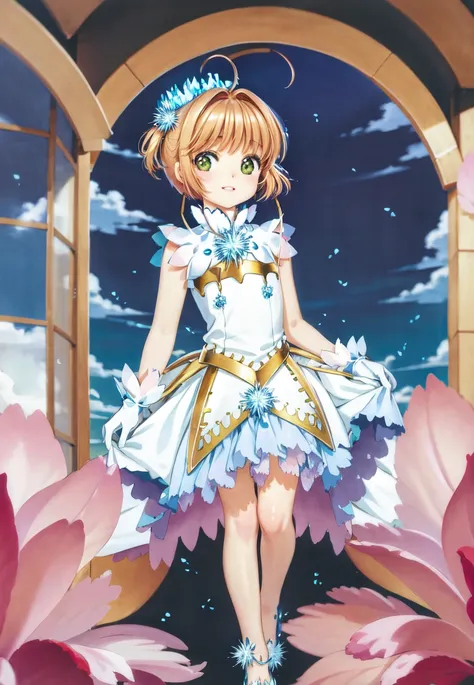 (masterpiece, best quality, ultra-detailed, illustration, painting), best illumination, finely detail,
<lora:clampCardcaptorSakura_v10:0.7>
<lora:kinomoto_sakura_v1:0.8>
(kinomoto sakura), (sakura kinomoto), brown hair, short hair, ahoge, crown, green eyes, white dress, sleeveless, white gloves,
blue sky background,
(full body:1.2),
(detailed background:1.2), (skinny fit), (looking at viewer), (intricate details), (absurdres),
SHARP, (highres), (HIGH DETAIL:1.2), finely detailed, soft lighting, beautiful detailed glow,