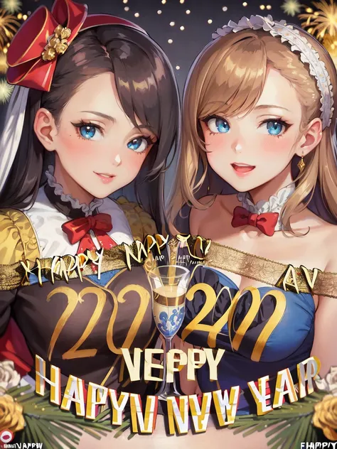 (masterpiece, best quality, ultra-detailed, illustration, painting),
illumination, finely detail, (poster illustration),
(2girls:1.4),
(a High Quality Victorian Era cute girl),
oil painting by (Francois Boucher, (alphonse mucha:0.8), Claude Monet, (Franz Xaver Winterhalter:0.8), (NORMAN ROCKWELL:0.8), (artgerm:0.8)),
(happy new year situation:1.4),
(happy new year text logo:1.3),
side swept hair, hair bowtie,
(detailed face, detailed eyes), (detailed hands:1.3), (detailed fingers:1.3),
ornate mansion's foyer, full body shot,
(detailed new year background:1.2), (looking at viewer), (intricate details), (absurdres),
SHARP, (highres), (HIGH DETAIL:1.2), finely detailed, soft lighting, beautiful detailed glow,