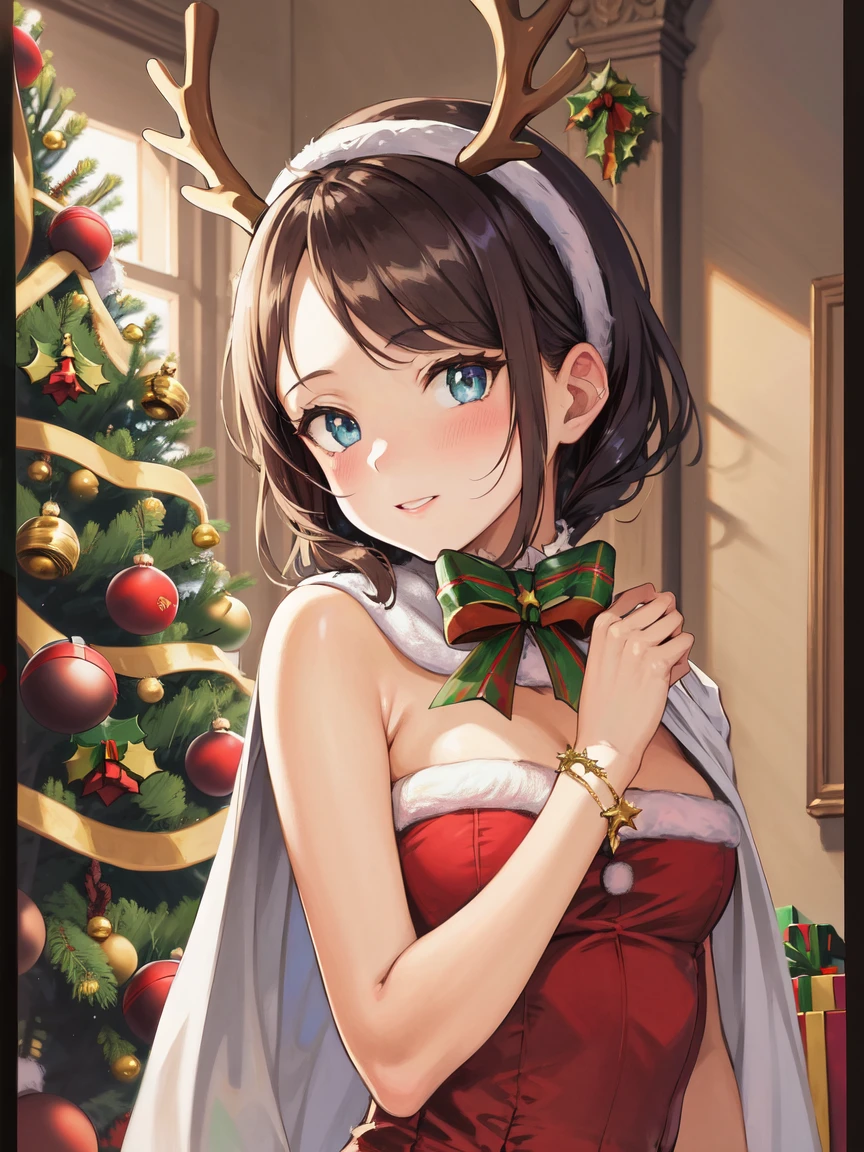 (masterpiece, best quality, ultra-detailed, illustration, painting),
illumination, finely detail, (poster illustration), (absurdres),
(a High Quality Victorian Era cute girl), (deer antlers), (reindeer antlers),
oil painting by (Francois Boucher, (alphonse mucha:0.8), Claude Monet, (Franz Xaver Winterhalter:0.8), (NORMAN ROCKWELL:0.8), (artgerm:0.8)),
(wearing a christmas style dress:1.4),
(small breast),
side swept hair, hair bowtie, anklet,
(detailed face, detailed eyes, detailed hands),
ornate mansion's foyer,
(detailed christmas background:1.2), (looking at viewer), (intricate details),
SHARP, (highres), (HIGH DETAIL:1.2), finely detailed, soft lighting, beautiful detailed glow,