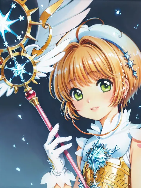 (masterpiece, best quality, ultra-detailed, illustration, painting), best illumination, finely detail,
<lora:clampCardcaptorSakura_v10:0.7>
<lora:kinomoto_sakura_v1:0.6>
(kinomoto sakura), (sakura kinomoto), brown hair, short hair, ahoge, crown, green eyes, white dress, sleeveless, white gloves,
holding staff, wand, fuuin no tsue,
blue sky background,
(detailed background:1.2), (skinny fit), (looking at viewer), (intricate details), (absurdres),
SHARP, (highres), (HIGH DETAIL:1.2), finely detailed, soft lighting, beautiful detailed glow,