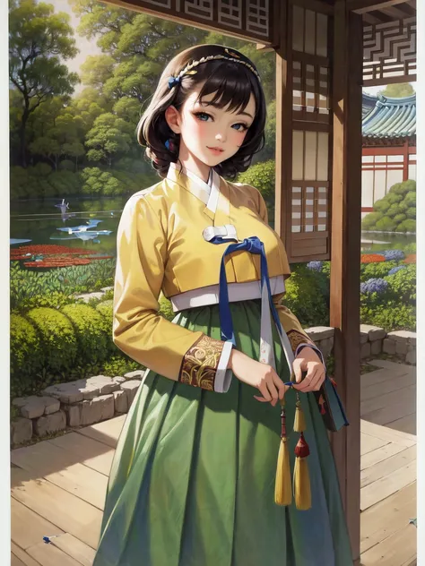 (masterpiece, best quality, ultra-detailed, illustration, painting),
illumination, finely detail, (poster illustration),
(2girls:1.4),
(a High Quality Victorian Era cute girl),
<lora:Hanbok-10:0.9> (hanbok), (bokjumeoni),
(wearing a korean hanbok:1.3), (wearing a korean traditional clothes),
(korean traditional new year:1.2),
oil painting by (Francois Boucher, (alphonse mucha:0.8), Claude Monet, (Franz Xaver Winterhalter:0.8), (NORMAN ROCKWELL:0.8), (artgerm:0.8)),
hair bowtie,
(detailed face, detailed eyes), (detailed hands), (detailed fingers), full body shot,
(detailed korean garden background:1.2), (looking at viewer), (intricate details), (absurdres),
SHARP, (highres), (HIGH DETAIL:1.2), finely detailed, soft lighting, beautiful detailed glow,