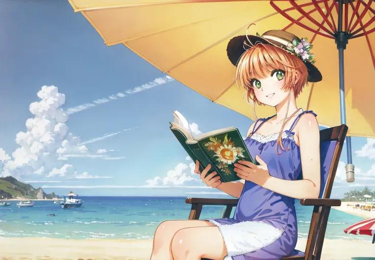 (masterpiece, best quality, ultra-detailed, illustration, painting), best illumination, finely detail,
<lora:clampCardcaptorSakura_v10:0.8> (kinomoto sakura:1.2), (sakura kinomoto),
solo, green eyes, blonde hair, short hair, bangs, antenna hair,
oil painting by (Francois Boucher, alphonse mucha, Claude Monet, artgerm),
(wearing a sexy dress:1.2),
beach, summer, sunhat, sunglasses, sundress, beach bag, sandals, book, reading, relaxed, shoulder-length, sandy beach, wooden chair, wooden table, seashells, sunscreen, towel, beach umbrella, clear blue sky, sea waves, peaceful atmosphere, leisurely activity, enjoying moment, comfortable seating,
gentle smile face,
(detailed stage background:1.2), (skinny fit), (looking at viewer), (intricate details), (absurdres),
SHARP, (highres), (HIGH DETAIL:1.2), finely detailed, soft lighting, beautiful detailed glow,