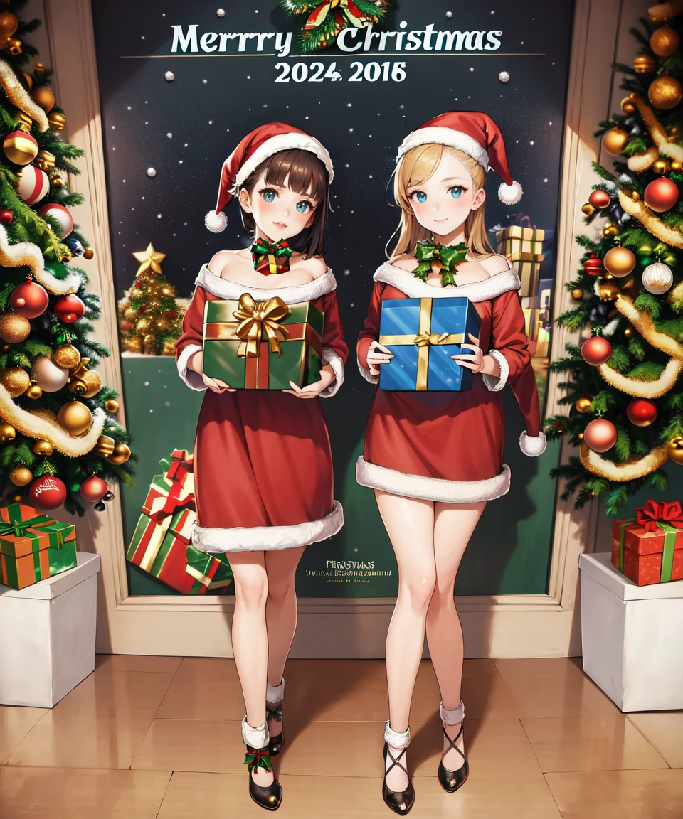 (masterpiece, best quality, ultra-detailed, illustration, painting),
illumination, finely detail, (poster illustration),
(2girls:1.4),
(a High Quality Victorian Era cute girl),
oil painting by (Francois Boucher, (alphonse mucha:0.8), Claude Monet, (Franz Xaver Winterhalter:0.8), (NORMAN ROCKWELL:0.8), (artgerm:0.8)),
(holding a christmas present:1.4),
(merry christmas text logo:1.2),
side swept hair, hair bowtie,
(detailed face, detailed eyes, detailed hands),
ornate mansion's foyer, full body shot,
(detailed christmas background:1.2), (looking at viewer), (intricate details), (absurdres),
SHARP, (highres), (HIGH DETAIL:1.2), finely detailed, soft lighting, beautiful detailed glow,