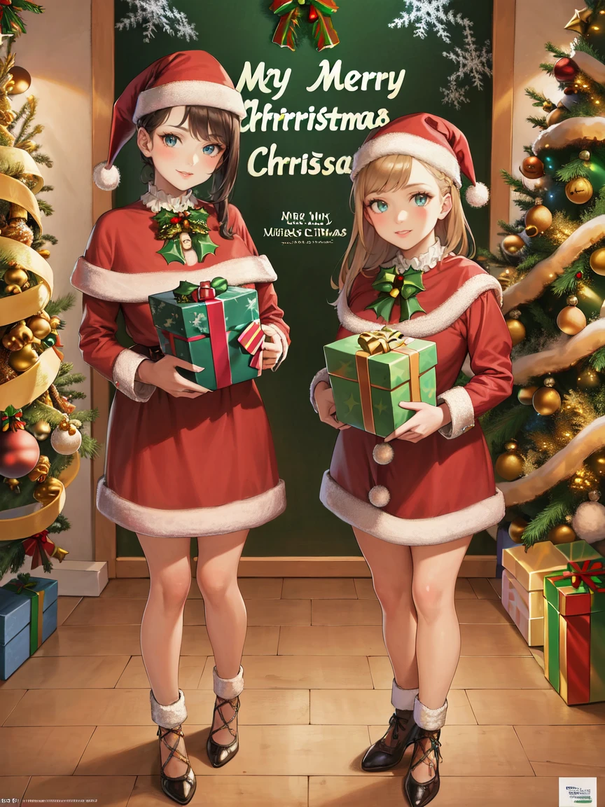 (masterpiece, best quality, ultra-detailed, illustration, painting),
illumination, finely detail, (poster illustration),
(2girls:1.4),
(a High Quality Victorian Era cute girl),
oil painting by (Francois Boucher, (alphonse mucha:0.8), Claude Monet, (Franz Xaver Winterhalter:0.8), (NORMAN ROCKWELL:0.8), (artgerm:0.8)),
(holding a christmas present:1.4),
(merry christmas text logo:1.2),
side swept hair, hair bowtie,
(detailed face, detailed eyes, detailed hands),
ornate mansion's foyer, full body shot,
(detailed christmas background:1.2), (looking at viewer), (intricate details), (absurdres),
SHARP, (highres), (HIGH DETAIL:1.2), finely detailed, soft lighting, beautiful detailed glow,