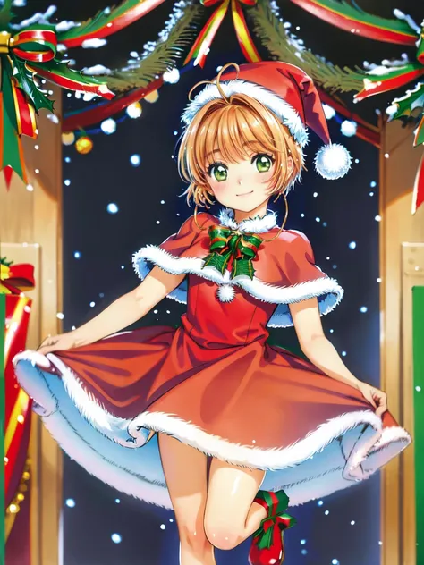 (masterpiece, best quality, ultra-detailed, illustration, painting),
illumination, finely detail,
<lora:clampCardcaptorSakura_v10:0.7>
<lora:kinomoto_sakura_v1:0.6>
(kinomoto sakura:1.2), (sakura kinomoto),
solo, green eyes, blonde hair, short hair, bangs, antenna hair,
(wearing a christmas style dress:1.3),
(excited), (blush), smile, closed mouth, smug, (full body shot),
(detailed christmas background:1.2), (looking at viewer), (intricate details),
(detailed face, detailed eyes, detailed body),
SHARP, (highres), (HIGH DETAIL:1.2), finely detailed, soft lighting, beautiful detailed glow,