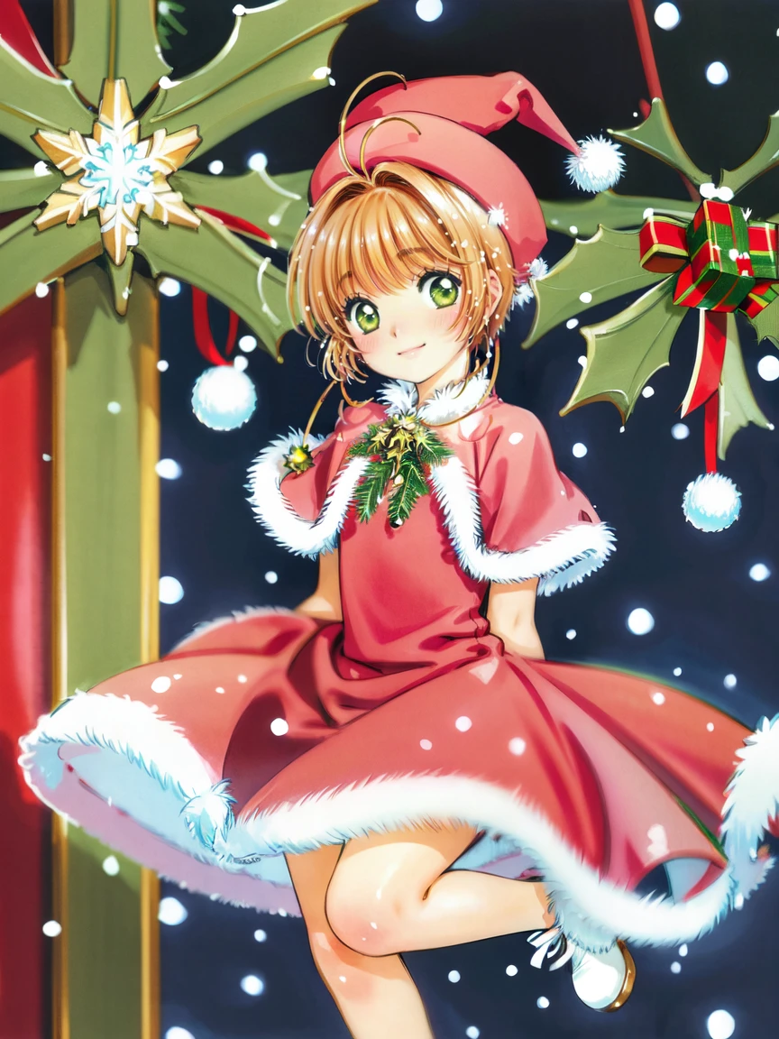 (masterpiece, best quality, ultra-detailed, illustration, painting),
illumination, finely detail,
<lora:clampCardcaptorSakura_v10:0.8>
<lora:kinomoto_sakura_v1:0.8>
(kinomoto sakura:1.2), (sakura kinomoto),
solo, green eyes, blonde hair, short hair, bangs, antenna hair,
(wearing a christmas style dress:1.3),
(excited), (blush), smile, closed mouth, smug, (full body shot),
(detailed christmas background:1.2), (looking at viewer), (intricate details),
(detailed face, detailed eyes, detailed body),
SHARP, (highres), (HIGH DETAIL:1.2), finely detailed, soft lighting, beautiful detailed glow,