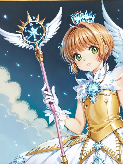 (masterpiece, best quality, ultra-detailed, illustration, painting), best illumination, finely detail,
<lora:clampCardcaptorSakura_v10:0.7>
<lora:kinomoto_sakura_v1:0.8>
(kinomoto sakura), (sakura kinomoto), brown hair, short hair, ahoge, crown, green eyes, white dress, sleeveless, white gloves,
holding staff, wand, fuuin no tsue,
blue sky background,
(detailed background:1.2), (skinny fit), (looking at viewer), (intricate details), (absurdres),
SHARP, (highres), (HIGH DETAIL:1.2), finely detailed, soft lighting, beautiful detailed glow,