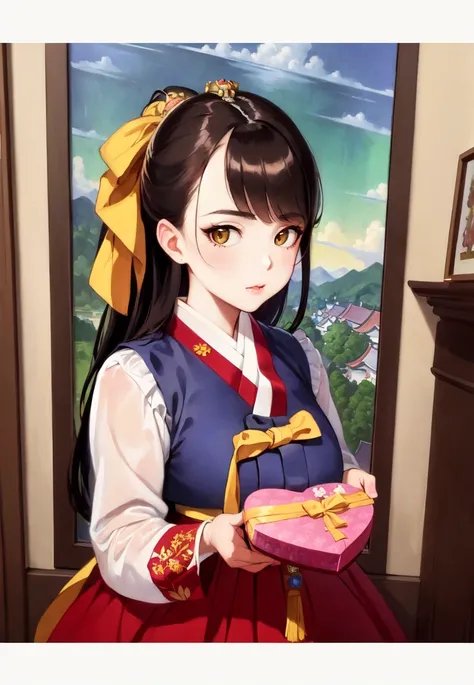 (best quality), (ultra-detailed), (illustration), (masterpiece), painting,
illumination, finely detail, (poster illustration),
(a High Quality Victorian Era cute girl),
<lora:Hanbok-10:0.9> (hanbok), (bokjumeoni),
(wearing a korean hanbok:1.3), (wearing a korean traditional clothes),
(korean traditional new year:1.2),
<lora:IncomingValentineGiftPOVTwoHands:0.8> IncrsVGiftBoth, incoming gift,
(holding present:1.2), (valentine day gift),
oil painting by (Francois Boucher, (alphonse mucha:0.8), Claude Monet, (Franz Xaver Winterhalter:0.8), (NORMAN ROCKWELL:0.8), (artgerm:0.8)),
side swept hair, hair bowtie,
((perfect anatomy)), ((perfect body)),
(detailed indoor background:1.2),
(highres, incredibly absurdres, very aesthetic, intricate details, HIGH DETAIL, finely detailed)