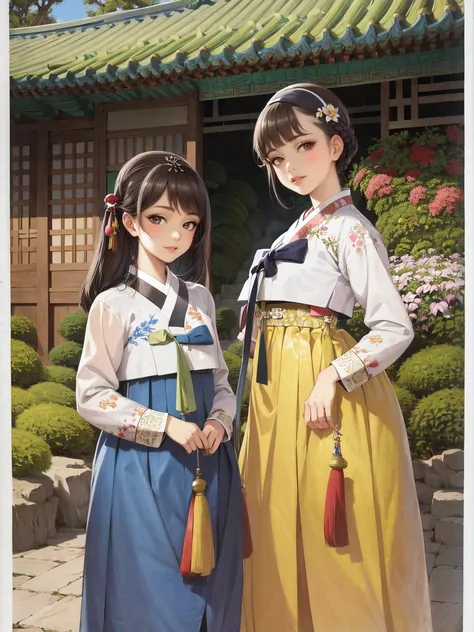 (masterpiece, best quality, ultra-detailed, illustration, painting),
illumination, finely detail, (poster illustration),
(2girls:1.4),
(a High Quality Victorian Era cute girl),
<lora:Hanbok-10:0.9> (hanbok), (bokjumeoni), 
(wearing a korean hanbok:1.3), (wearing a korean traditional clothes),
(korean traditional new year:1.2),
oil painting by (Francois Boucher, (alphonse mucha:0.8), Claude Monet, (Franz Xaver Winterhalter:0.8), (NORMAN ROCKWELL:0.8), (artgerm:0.8)),
side swept hair, hair bowtie,
(detailed face, detailed eyes), (detailed hands), (detailed fingers), full body shot,
(detailed korean garden background:1.2), (looking at viewer), (intricate details), (absurdres),
SHARP, (highres), (HIGH DETAIL:1.2), finely detailed, soft lighting, beautiful detailed glow,
