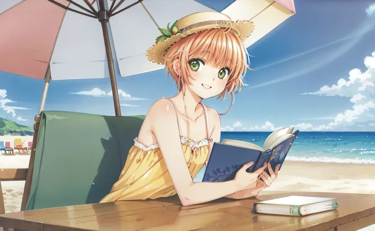 (masterpiece, best quality, ultra-detailed, illustration, painting), best illumination, finely detail,
<lora:clampCardcaptorSakura_v10:0.8> (kinomoto sakura:1.2), (sakura kinomoto),
solo, green eyes, blonde hair, short hair, bangs, antenna hair,
(wearing a sexy dress:1.2),
beach, summer, sunhat, sunglasses, sundress, beach bag, book, reading, relaxed, shoulder-length, sandy beach, wooden chair, wooden table, seashells, sunscreen, towel, beach umbrella, clear blue sky, sea waves, peaceful atmosphere, leisurely activity, enjoying moment, comfortable seating,
gentle smile face,
(detailed stage background:1.2), (skinny fit), (looking at viewer), (intricate details), (absurdres),
SHARP, (highres), (HIGH DETAIL:1.2), finely detailed, soft lighting, beautiful detailed glow,