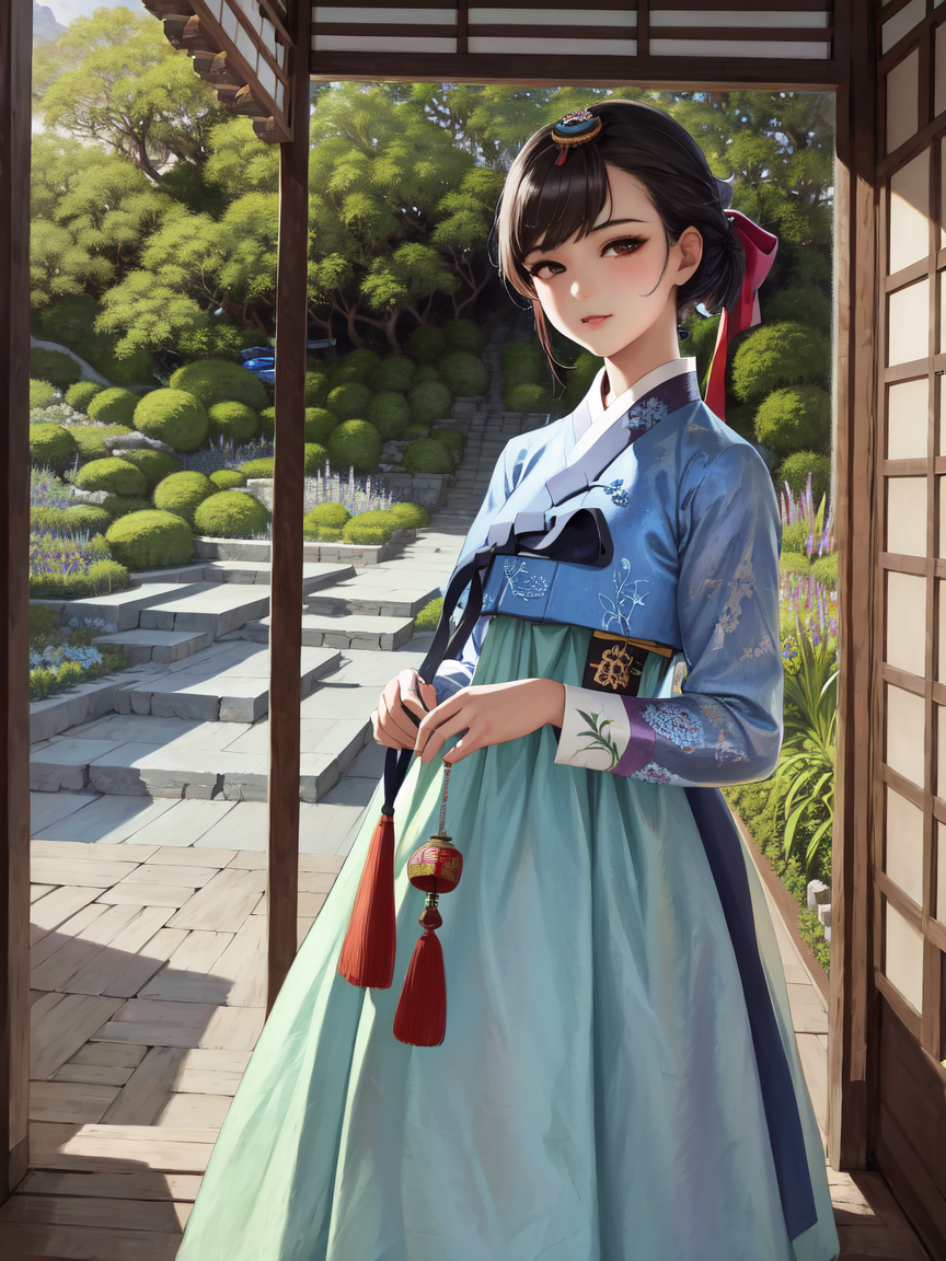 A woman in a blue dress standing in front of a door - SeaArt AI