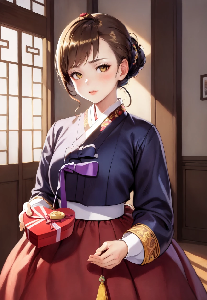 (best quality), (ultra-detailed), (illustration), (masterpiece), painting,
illumination, finely detail, (poster illustration), 1girl,
(a High Quality Victorian Era cute girl),
<lora:Hanbok-10:0.9> (hanbok), (bokjumeoni),
(wearing a korean hanbok:1.3), (wearing a korean traditional clothes),
(korean traditional new year:1.2),
<lora:IncomingValentineGiftPOVTwoHands:1> IncrsVGiftBoth, incoming gift,
wearing a rose dresses, (holding present:1.2), (valentine day gift), chocolate,
oil painting by (Francois Boucher, (alphonse mucha:0.8), Claude Monet, (Franz Xaver Winterhalter:0.8), (NORMAN ROCKWELL:0.8), (artgerm:0.8)),
side swept hair, hair bowtie,
((perfect anatomy)), ((perfect body)),
(detailed indoor background:1.2),
(highres, incredibly absurdres, very aesthetic, intricate details, HIGH DETAIL, finely detailed)