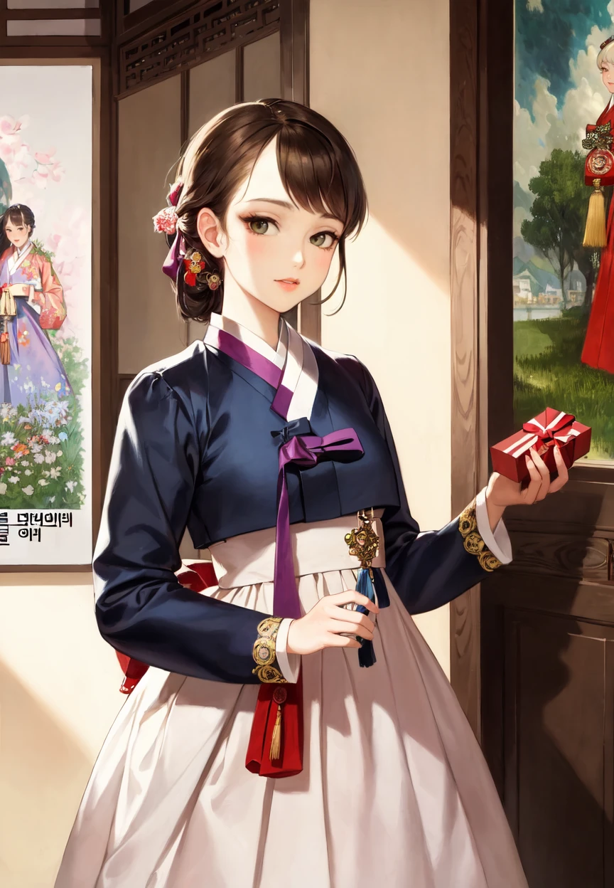 (best quality), (ultra-detailed), (illustration), (masterpiece), painting,
illumination, finely detail, (poster illustration),
(a High Quality Victorian Era cute girl),
<lora:Hanbok-10:0.9> (hanbok), (bokjumeoni),
(wearing a korean hanbok:1.3), (wearing a korean traditional clothes),
(korean traditional new year:1.2),
(holding present:1.2), (valentine day gift),
oil painting by (Francois Boucher, (alphonse mucha:0.8), Claude Monet, (Franz Xaver Winterhalter:0.8), (NORMAN ROCKWELL:0.8), (artgerm:0.8)),
side swept hair, hair bowtie,
((perfect anatomy)), ((perfect body)),
(detailed indoor background:1.2),
(highres, incredibly absurdres, very aesthetic, intricate details, HIGH DETAIL, finely detailed)