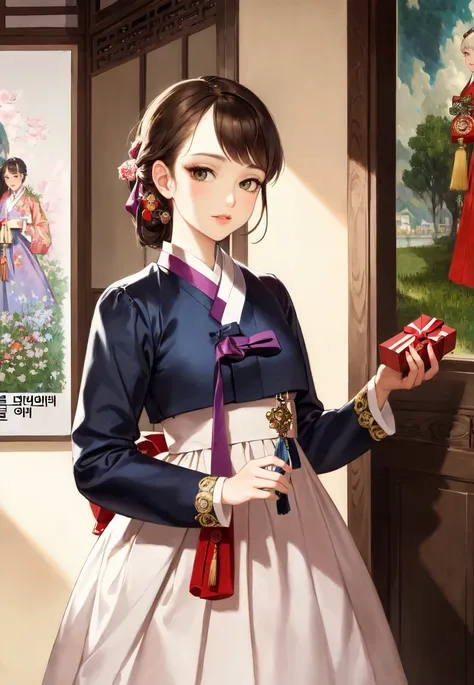 (best quality), (ultra-detailed), (illustration), (masterpiece), painting, 
illumination, finely detail, (poster illustration), 
(a High Quality Victorian Era cute girl),
<lora:Hanbok-10:0.9> (hanbok), (bokjumeoni), 
(wearing a korean hanbok:1.3), (wearing a korean traditional clothes),
(korean traditional new year:1.2),
(holding present:1.2), (valentine day gift), 
oil painting by (Francois Boucher, (alphonse mucha:0.8), Claude Monet, (Franz Xaver Winterhalter:0.8), (NORMAN ROCKWELL:0.8), (artgerm:0.8)),
side swept hair, hair bowtie,
((perfect anatomy)), ((perfect body)),  
(detailed indoor background:1.2),
(highres, incredibly absurdres, very aesthetic, intricate details, HIGH DETAIL, finely detailed)