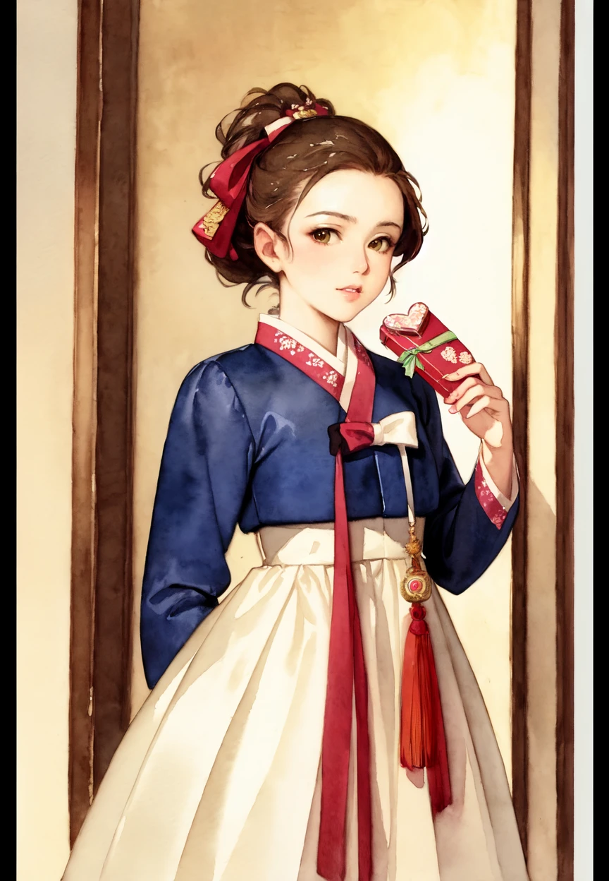 (best quality), (ultra-detailed), (illustration), (masterpiece), painting,
illumination, finely detail, (watercolor:1.2),
(a High Quality Victorian Era cute girl),
<lora:Hanbok-10:0.9> (hanbok), (bokjumeoni),
(wearing a korean hanbok:1.3), (wearing a korean traditional clothes),
(korean traditional new year:1.2),
(holding present:1.2), (valentine day gift),
watercolor painting by (Francois Boucher, (alphonse mucha:0.8), Claude Monet, (Franz Xaver Winterhalter:0.8), (NORMAN ROCKWELL:0.8), (artgerm:0.8)),
side swept hair, hair bowtie,
((perfect anatomy)), ((perfect body)),
(detailed indoor background:1.2),
(highres, incredibly absurdres, very aesthetic, intricate details, HIGH DETAIL, finely detailed)