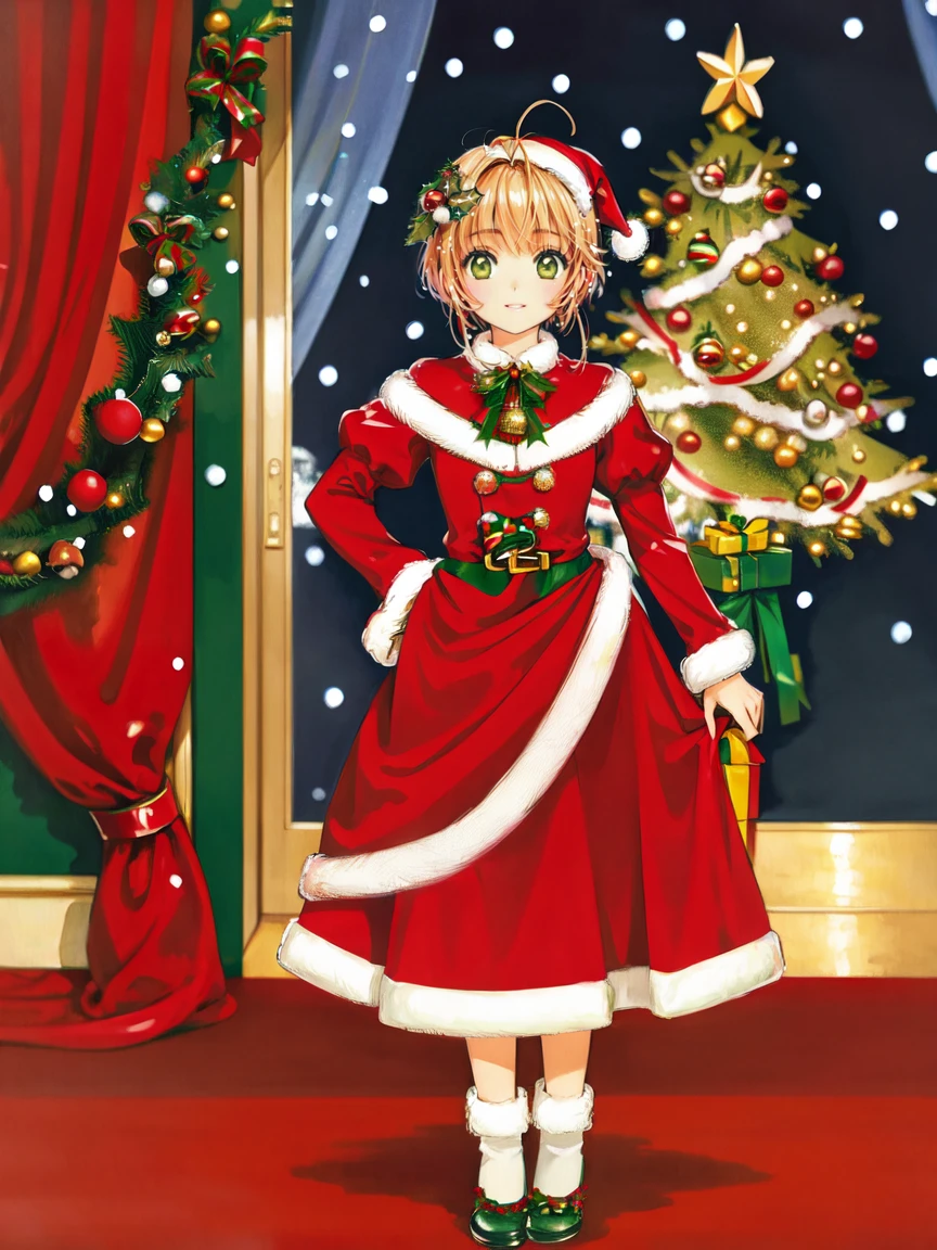 (masterpiece, best quality, ultra-detailed, illustration, painting), best illumination, finely detail,
(poster illustration),
<lora:clampCardcaptorSakura_v10:0.8>
(kinomoto sakura:1.1),
solo, green eyes, blonde hair, short hair, hair ornament, (parted lips:0.6), bangs, antenna hair,
(wearing a christmas dress:1.32),
oil painting by ((alphonse mucha:0.8), Claude Monet), (1girl:1.2), (full body:1.2),
ornate mansion's foyer,
(detailed christmas background:1.2), (looking at viewer), (intricate details),
SHARP, (highres), (HIGH DETAIL:1.2), finely detailed, soft lighting, beautiful detailed glow,