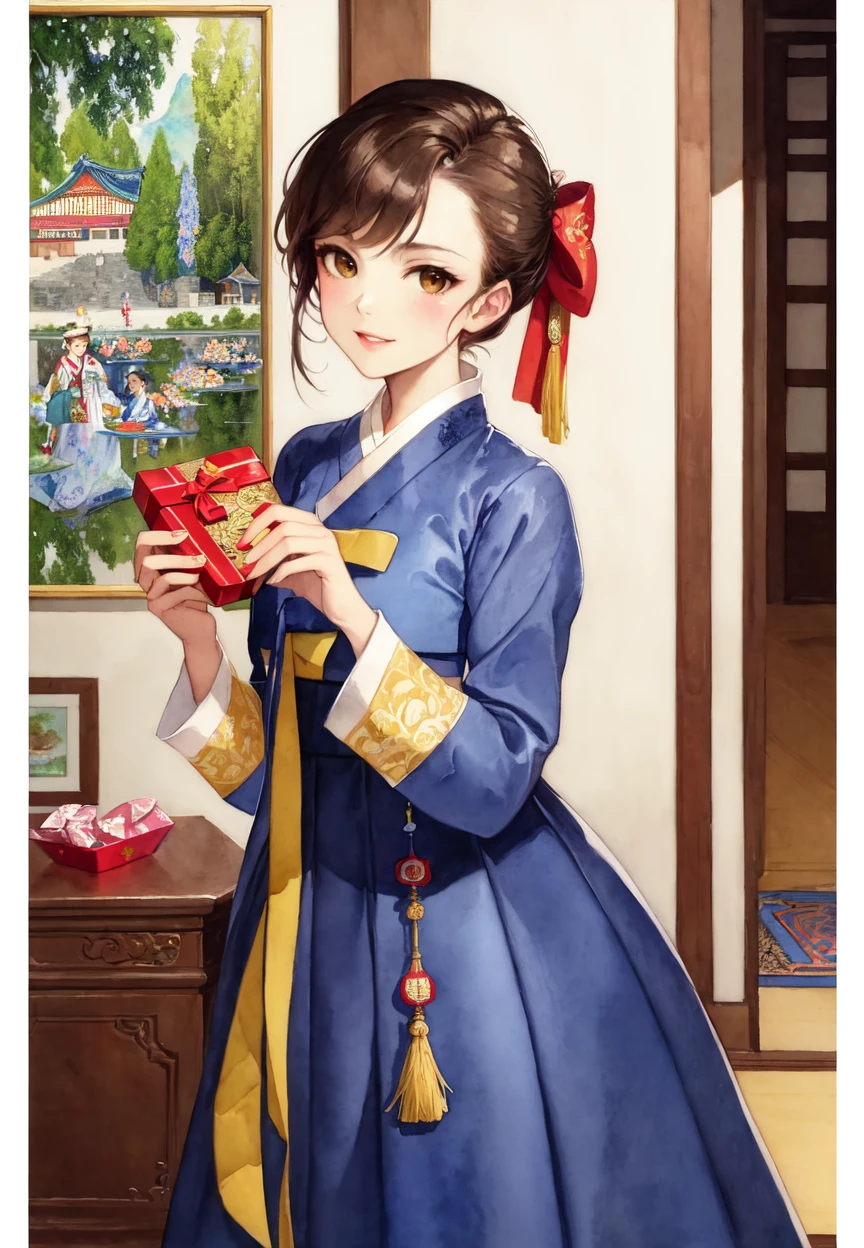 (best quality), (ultra-detailed), (illustration), (masterpiece), painting,
illumination, finely detail, (watercolor:1.2),
(a High Quality Victorian Era cute girl), smile,
<lora:Hanbok-10:0.9> (hanbok), (bokjumeoni),
(wearing a korean hanbok:1.3), (wearing a korean traditional clothes),
(korean traditional new year:1.2),
(holding present:1.2), (valentine day gift),
watercolor painting by (Francois Boucher, (alphonse mucha:0.8), Claude Monet, (Franz Xaver Winterhalter:0.8), (NORMAN ROCKWELL:0.8), (artgerm:0.8)),
side swept hair, hair bowtie,
((perfect anatomy)), ((perfect body)),
(detailed indoor background:1.2),
(highres, incredibly absurdres, very aesthetic, intricate details, HIGH DETAIL, finely detailed)