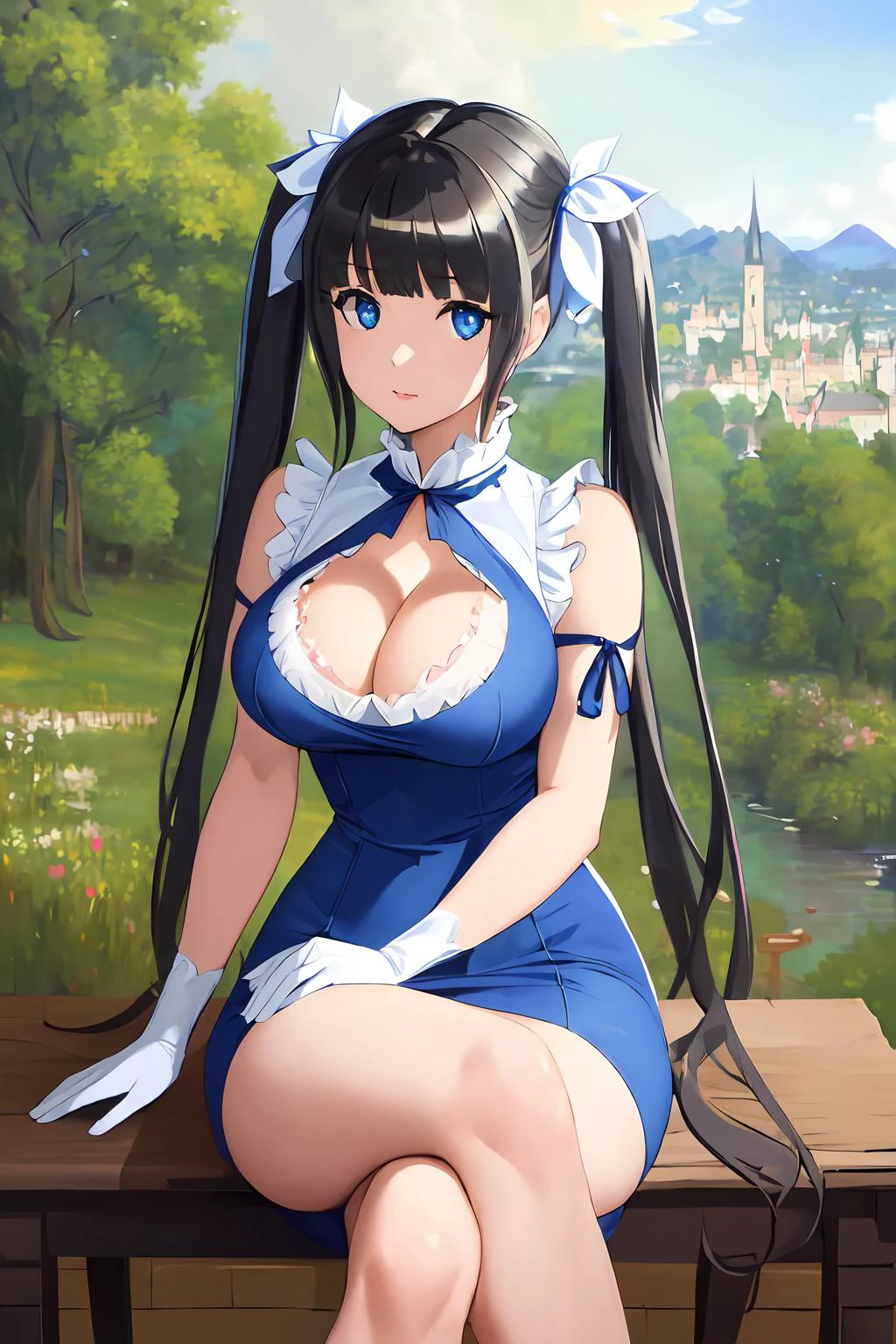 (masterpiece, best quality, ultra-detailed, illustration, painting), (highres), 1girl,  ((intricate details)), ((highres)), (finely detailed), absurdres, oil painting, bored, high quality victorian era cute girl, 
hestia \(danmachi\), blue eyes, black hair, long hair, twintails, rei no himo, hair ribbon, blue ribbon, white gloves, (pencil dress:1.2), (cleavage cutout:1.3), (clothing cutout:1.3), barefoot, backless outfit,
crossed legs, 
(town in the background:1.2),
sitting on a chair, (detailed pupils:1.2), blue eyes, soft lighting, beautiful detailed glow, oil painting by ((Francois Boucher), alphonse mucha, (Claude Monet), Franz Xaver Winterhalter, [NORMAN ROCKWELL]), 
<lora:hestiaV2:0.7>,
