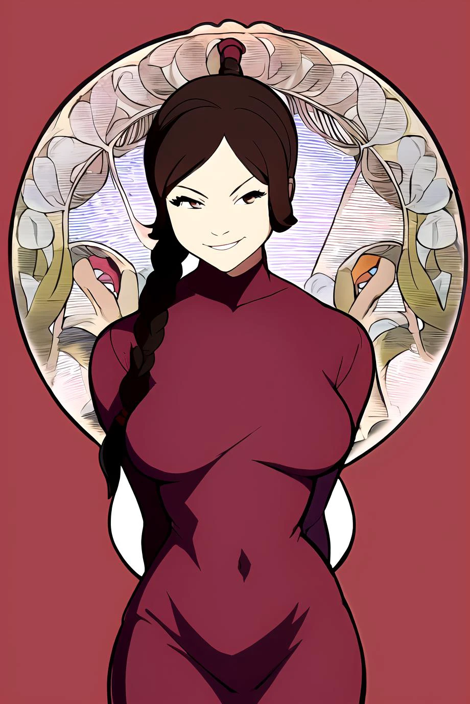 (art nouveau:1.3), <lora:TyLee:0.85>, TyLee, naughty smile,1girl, brown hair, braided ponytail, brown eyes, carnival clothes, red clothes, red background, hands behind back,
(masterpiece, best quality, high quality, highres, ultra-detailed), <lyco:GoodHands-beta2:1>,