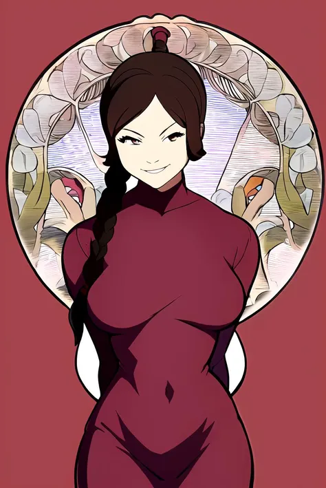 (art nouveau:1.3), <lora:TyLee:0.85>, TyLee, naughty smile,1girl, brown hair, braided ponytail, brown eyes, carnival clothes, red clothes, red background, hands behind back,
(masterpiece, best quality, high quality, highres, ultra-detailed), <lyco:GoodHands-beta2:1>,