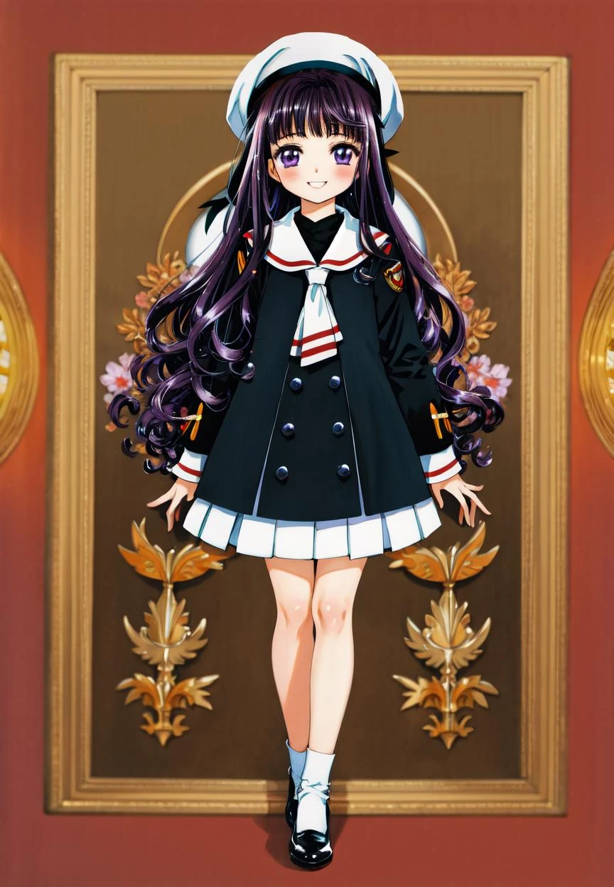 (masterpiece), (best quality), (intricate details), (illustration), (absurdres), (ecstatic),
finely detail, (poster illustration),
<lora:TomoyoDaidoji-128:1> tomoyo, tomoyo-e, (clamp:1.4), daidouji tomoyo,
1girl, solo, smile, long hair, hat, white headwear, black hair, purple eyes, blunt bangs,
<lora:clampCardcaptorSakura_v10:0.3>
(skinny fit), (looking at viewer), (blush), (full body), very detailed face,
(detailed background:1.2),
beautiful legs, detailed body, detailed hand, (ultra detailed), SHARP, (highres), (HIGH DETAIL:1.2), finely detailed, soft lighting, beautiful detailed glow,