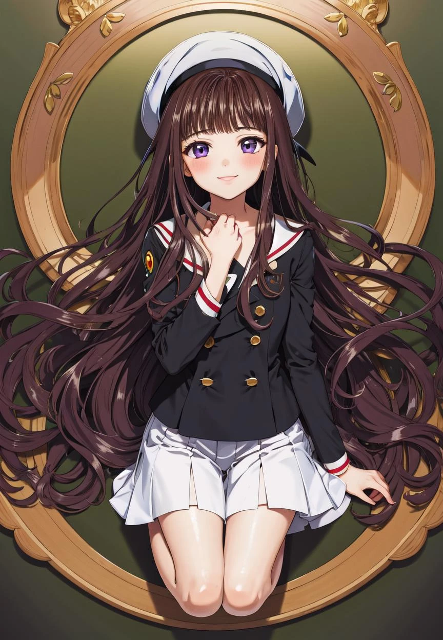 (masterpiece), (best quality), (intricate details), (illustration), (absurdres), (ecstatic),
finely detail, (poster illustration),
<lora:TomoyoDaidoji-128:1> tomoyo, tomoyo-e, (clamp:1.4),
1girl, solo, smile, long hair, hat, white headwear, black hair, purple eyes, blunt bangs,
(skinny fit), (looking at viewer), (blush), (full body), very detailed face,
(detailed background:1.2),
beautiful legs, detailed body, detailed hand, (ultra detailed), SHARP, (highres), (HIGH DETAIL:1.2), finely detailed, soft lighting, beautiful detailed glow,