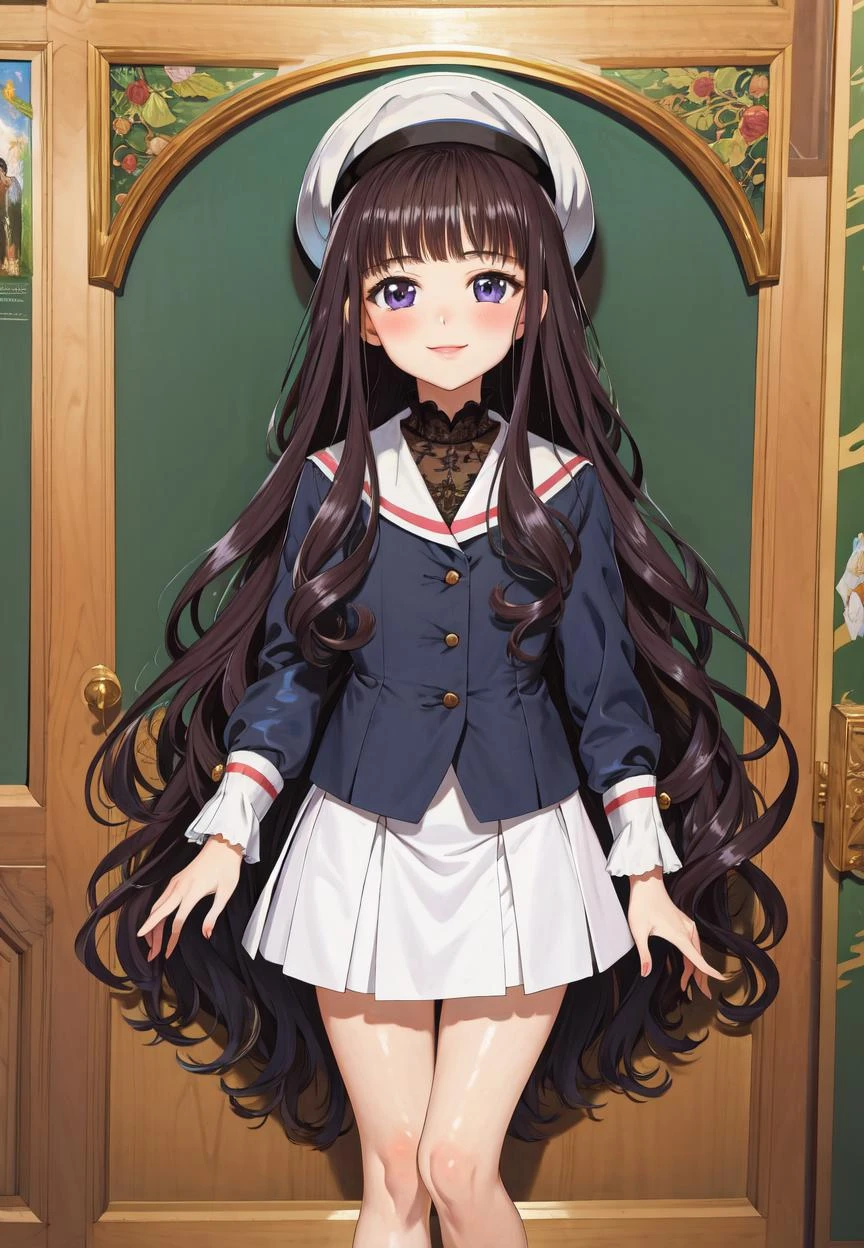 (masterpiece), (best quality), (intricate details), (illustration), (absurdres), (ecstatic),
finely detail, (poster illustration),
(oil painting by (Francois Boucher), (alphonse mucha:0.8), Claude Monet, (Franz Xaver Winterhalter:0.8), (NORMAN ROCKWELL:0.8)),
<lora:TomoyoDaidoji-128:1> tomoyo, tomoyo-e, (clamp:1.4),
1girl, solo, smile, long hair, hat, white headwear, black hair, purple eyes, blunt bangs,
(skinny fit), (looking at viewer), (blush), (full body), very detailed face,
(detailed background:1.2),
beautiful legs, detailed body, detailed hand, (ultra detailed), SHARP, (highres), (HIGH DETAIL:1.2), finely detailed, soft lighting, beautiful detailed glow,