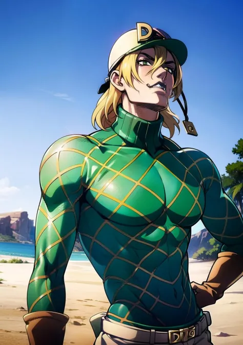anime, anime screenshot, official artwork, diegojojo, araki hirohiko (style), tail, brown gloves, fangs, parted lips, 1boy, solo, hat, anime, cracked skin, green sweater, upper body, detailed digital artwork, hi res, desert background, photo background, official art, extremely detailed CG unity 8k wallpaper, (masterpiece:1.0),(best_quality:1.0), <lora:Scary Monsters Diego:0.98>