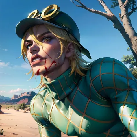desert, upper body, blood, bloody, male, masculine, (8k, best quality, masterpiece:1.2), (finely detailed hair), diegojojo, hat, bandage, fangs, teeth, solo, araki hirohiko (style), 1boy, yellow eyes, lips, blonde hair, solo, green shirt, sweater, masterpiece, best quality, ultra-detailed detailed, detailed digital artwork, hi res, detailed desert canyon background, photo desert background, official art,extremely detailed CG unity 8k wallpaper, perfect lighting,Colorful, Bright_Front_face_Lighting,shiny skin, (masterpiece:1.0),(best_quality:1.0), <lora:Scary Monsters Diego:1> <lora:sakimichan-v1.6-lora-naivae-newcraft:0.44>