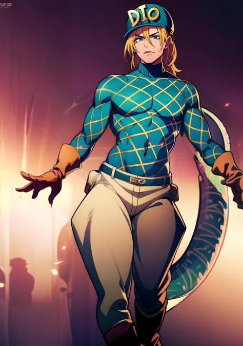 tail, 1boy, solo, diegojojo, hat, anime, cracked skin, green sweater, upper body, pants, boots, detailed digital artwork, hi res, detailed background, photo background, official art, extremely detailed CG unity 8k wallpaper, (masterpiece:1.0),(best_quality:1.0),  <lora:Scary Monsters Diego:0.98>