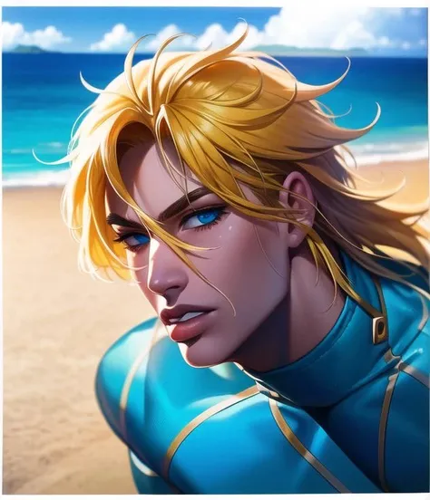 manga artwork, diego brando, araki hirohiko (style), 1boy, solo, parted lips, blonde hair, blue eyes, v-shaped_eyebrows, masterpiece, best quality, ultra-detailed detailed, detailed digital artwork, hi res, blue sky, sea, beach, beautiful, <lora:diego brando8:0.97>