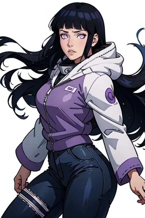 masterpiece,best quality,extreme detail,8k,white background,<lora:hinata:0.7>,hinata2, 1girl, solo, long hair, looking at viewer, bangs, black hair, long sleeves, white background, very long hair, purple eyes, jacket, cowboy shot, parted lips, shiny, pants, hood, blunt bangs, shiny hair, floating hair, black pants, white jacket, hood down, hooded jacket, purple jacket, white eyes, forehead protector, konohagakure symbol